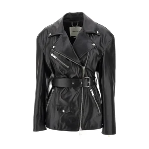 Clearance Belted oversized leather Biker jacket Outerwear